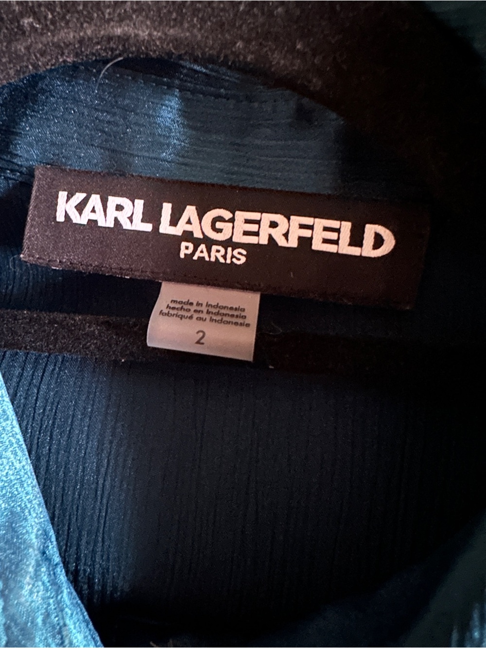 Karl Lagerfeld Teal Satin Long-Sleeve Button-Down Belted Midi Shirt Dress - Picture 9 of 15